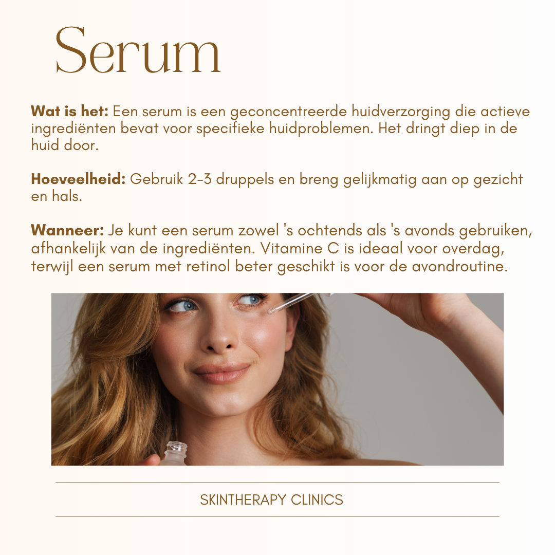 Een vrouw gebruikt een pipet om een serum aan te brengen op haar huid, met uitleg over het gebruik van serums, hoeveel te gebruiken en de beste tijden om een serum aan te brengen.