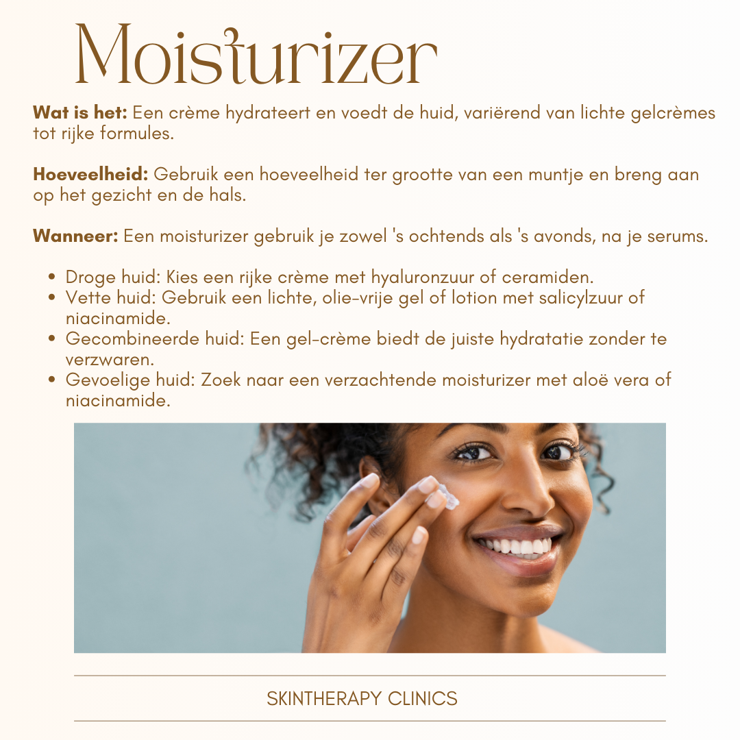 Een vrouw brengt moisturizer aan op haar gezicht, met uitleg over de voordelen van moisturizers, hoeveel te gebruiken en verschillende types voor elk huidtype